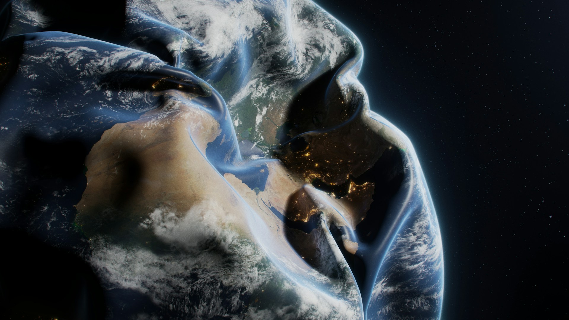 Une Terre effondrée avec des continents visibles et des lumières urbaines sur un fond sombre de l’espace